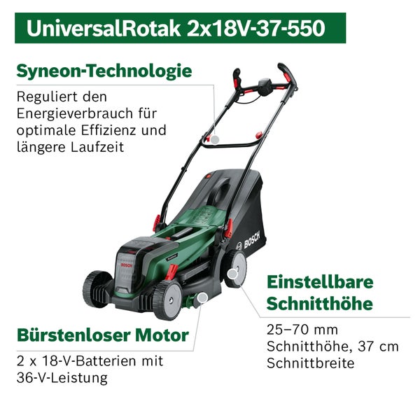Bosch Akku-Rasenmäher UniversalRotak 2x18V-37-550 mit bürstenlosem Motor, Schnitthöhe 25 bis 70 Millimeter und Schnittbreite 37 Zentimeter.