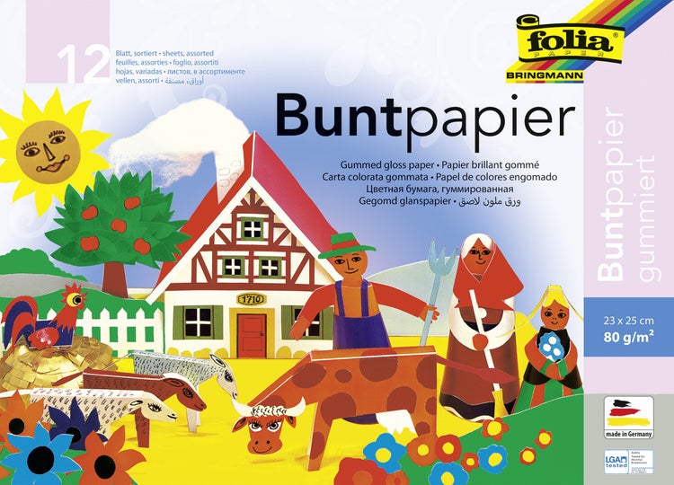 Folia Buntpapier-Heft gummiert, 23x25cm 12 Blatt, farbig sortiert