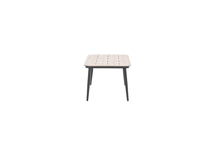 Rechteckiger Gartentisch mit Latten-Tischplatte in Holzoptik und schwarzen Metallbeinen.