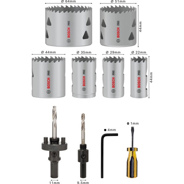 Bosch Pro Lochsägen Set mit verschiedenen Größen, Zentrierbohrer, Innensechskantschlüssel und Schraubendreher.