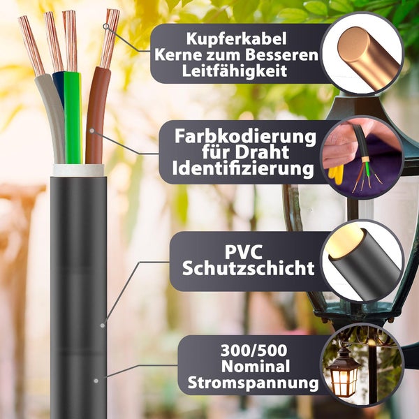 4-adriges Kupferkabel mit PVC-Schutzschicht, farbkodierten Adern zur Identifizierung und 300/500 Volt Nennspannung.