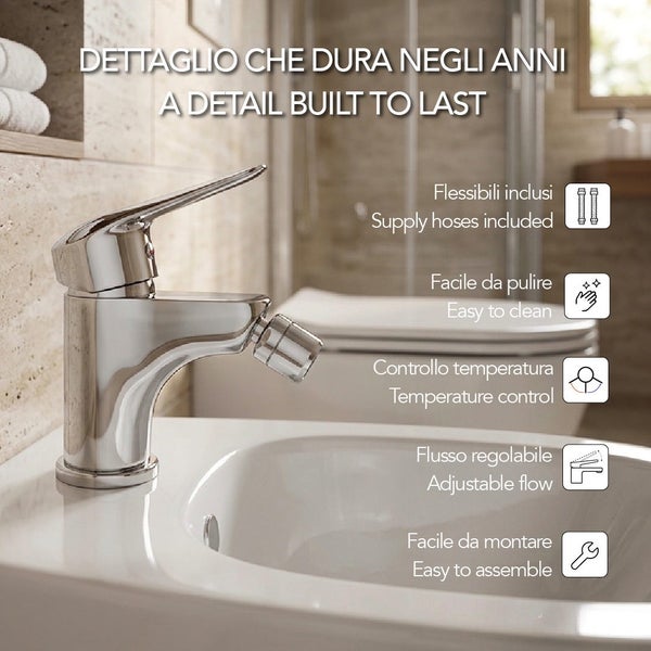 Einhebel-Bidetarmatur auf Bidet mit Symbolen für Anschlussschläuche, einfache Reinigung, Temperaturkontrolle, einstellbaren Durchfluss und Montage.