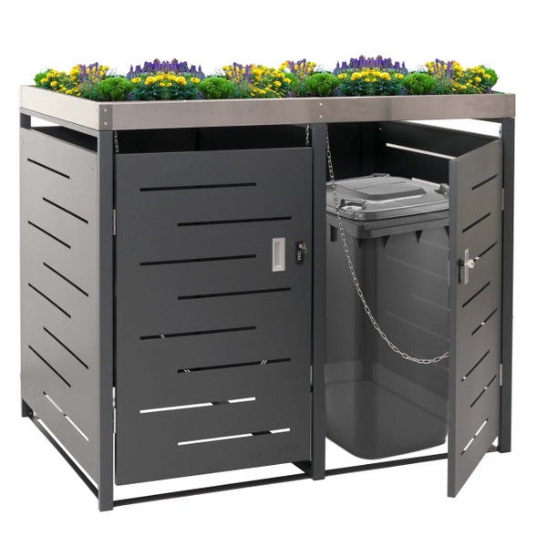 Mülltonnenbox mit Pflanzdach, Metallkonstruktion mit zwei Türen und einem Müllbehälter