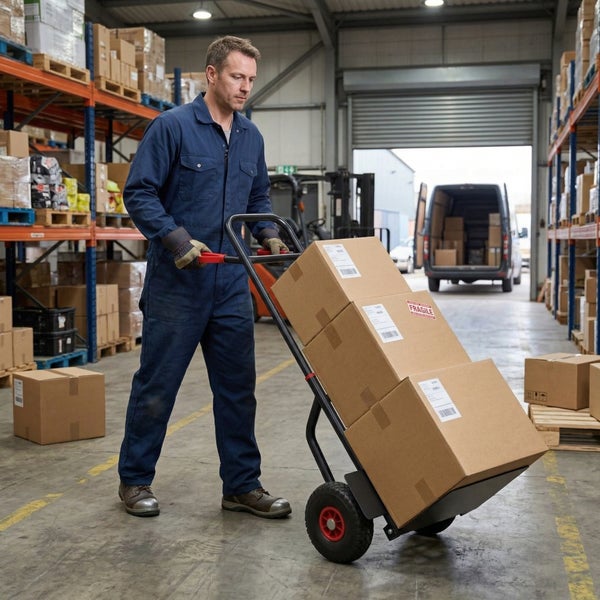 Mann im blauen Overall transportiert Kartons mit einer Sackkarre durch ein organisiertes Lager mit Hochregalen und Lieferwagen im Hintergrund.