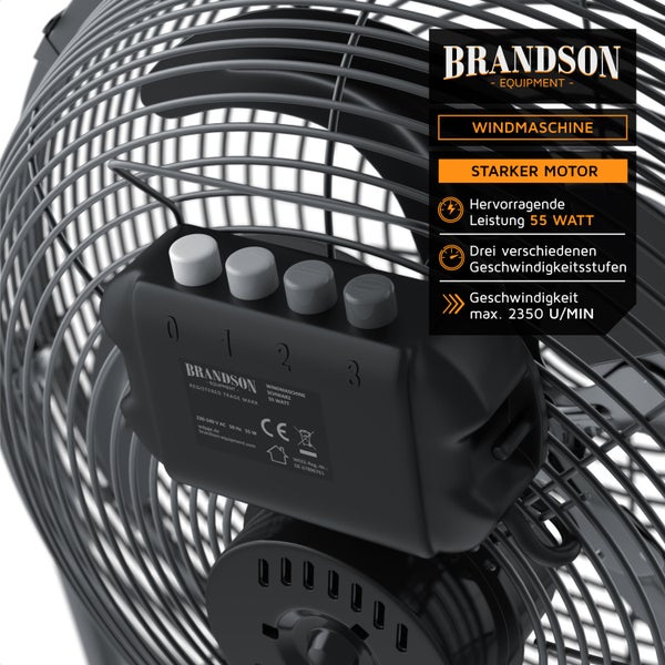 Rückseite einer schwarzen Brandson Windmaschine mit drei Geschwindigkeitsstufen, 55 Watt Leistung, CE-Kennzeichnung und Brandson Logo.
