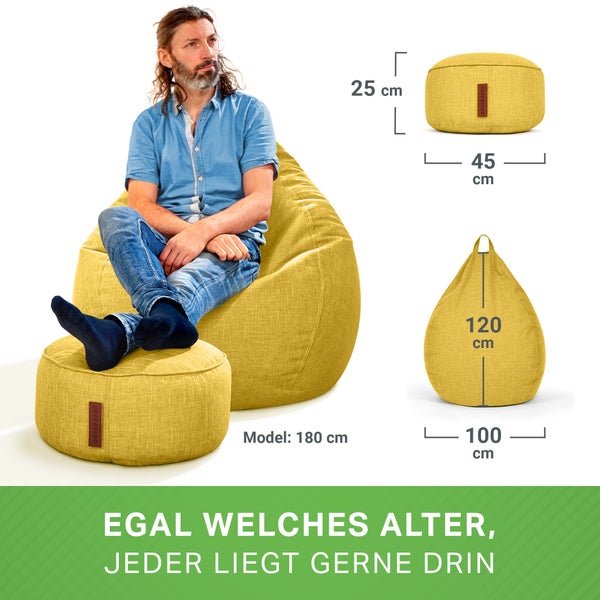 Green Bean 2er Set Indoor XXL Sitzsack + Hocker mit EPS-Perlen Füllung - Fußhocker Fußkissen Sitz-Pouf Bodenkissen Liegekissen Sitzkissen Lounge Chair Sitzhocker Relax-Sessel Bean Bag Gelb
