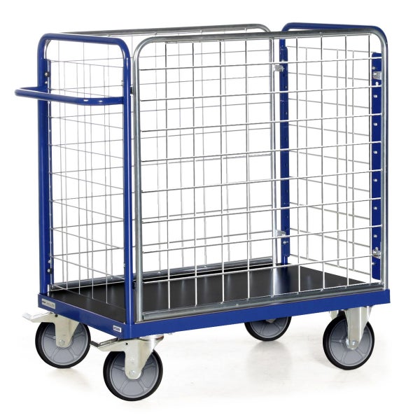 Blauer Transportwagen mit Gitterbox und Rollen