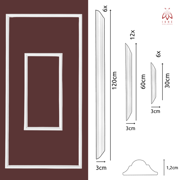 Wandleisten Set: 6 mal 120 Zentimeter, 12 mal 60 Zentimeter, 6 mal 30 Zentimeter. Breite 3 Zentimeter, Stärke 1,2 Zentimeter. IKHE MALARKA Logo.
