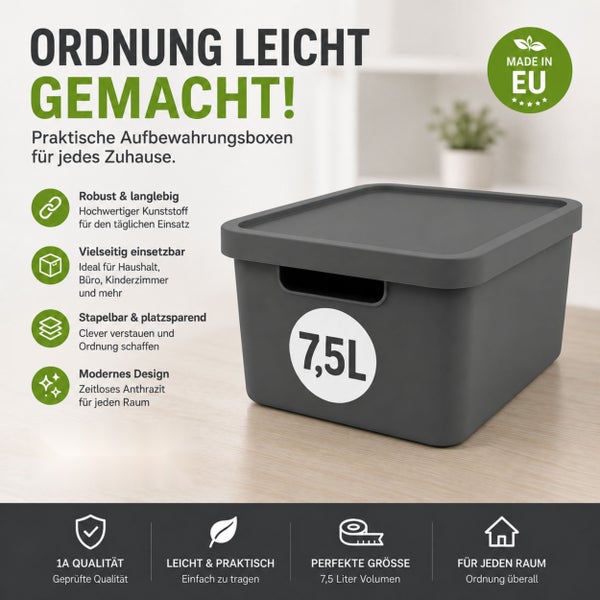 Stapelbare Aufbewahrungsbox aus Kunststoff mit Deckel, 7,5 Liter Fassungsvermögen, für Haushalt und Büro, hergestellt in der Europäischen Union.