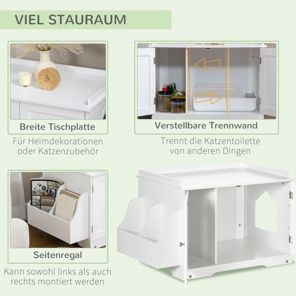 PawHut Katzenschrank für Katzentoilette, Katzenklo mit Magnettüren, Katzenhaus mit verstellbarem Trennwand, Katzenhöhle mit großem Stauraum, Beistelltisch, Weiß, 86 x 48 x 52 cm