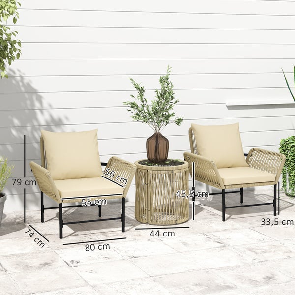 Gartenset mit zwei Sesseln, Tisch und beigen Polstern