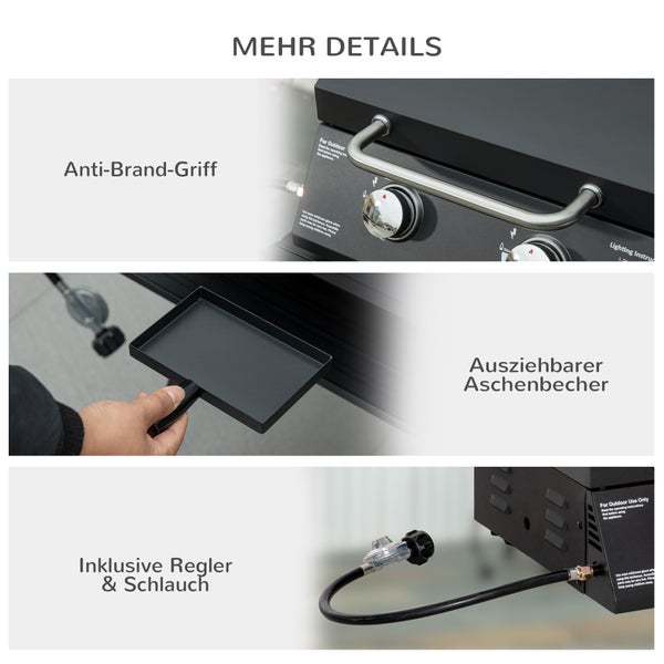 Outsunny Gasgrill, Tischgrill, mit Druckminderer und Schlauch, 55 x 46,5 x 41 cm, Edelstahl, Schwarz