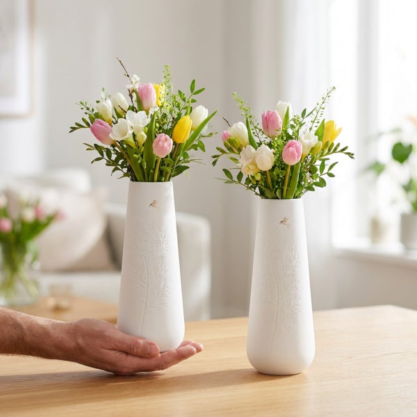 Zwei hohe, schlanke Porzellanvasen mit floralem Relief und Frühlingsstrauß auf einem Holztisch