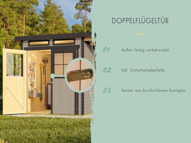 Gartenhaus aus Holz mit Doppelflügeltür, inklusive Sicherheitsüberfalle und Fenstern aus bruchsicherem Kunstglas, außen farbig vorbehandelt.