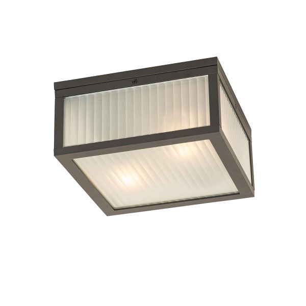 Quadratische Außen-Deckenleuchte aus anthrazitfarbenem Metall mit geriffeltem Glas.