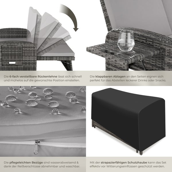 Details der Gartenmöbelgruppe: verstellbare Rückenlehne, Klapptisch, wasserabweisender Bezug mit Reißverschluss und Schutzhülle