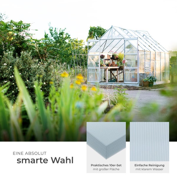 Gewächshaus im Garten mit Polycarbonatplatten für große Flächen und einfache Reinigung