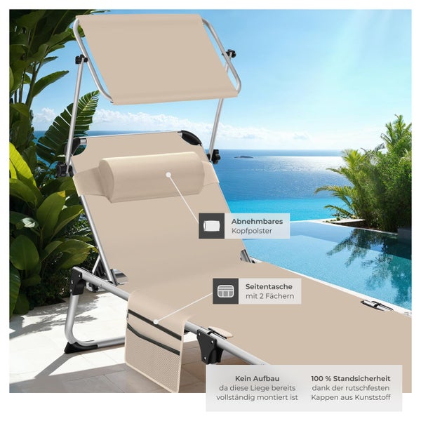 Sonnenliege tectake Aurelie 218 x 60 x 33,5 cm, inkl. Seitentasche  klappbar, mit Kopfkissen beige