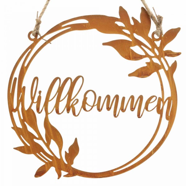 Dekoratives Metallschild mit Willkommen-Schriftzug und Blätterkranz zum Aufhängen