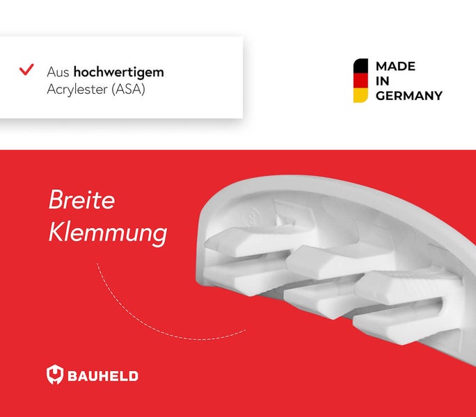 Bauheld Produkt aus Acrylester für breite Klemmung, Made in Germany.