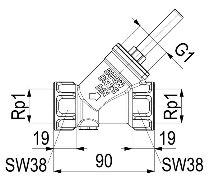 Technische Zeichnung Schrägsitzventil DN 25 mit Anschluss Rp 1 und Abmessungen.