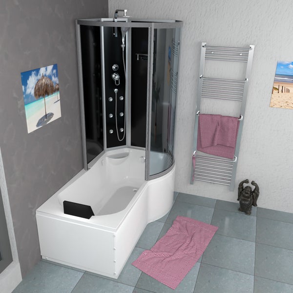 Moderne Dusch-Badewannen-Kombination mit Glaskabine, Duschpaneel und Badewanne in einem hellen Badezimmer.
