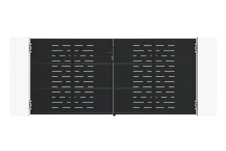 Doppelflügeliges Einfahrtstor aus Metall mit modernem Schlitzmuster und Schloss