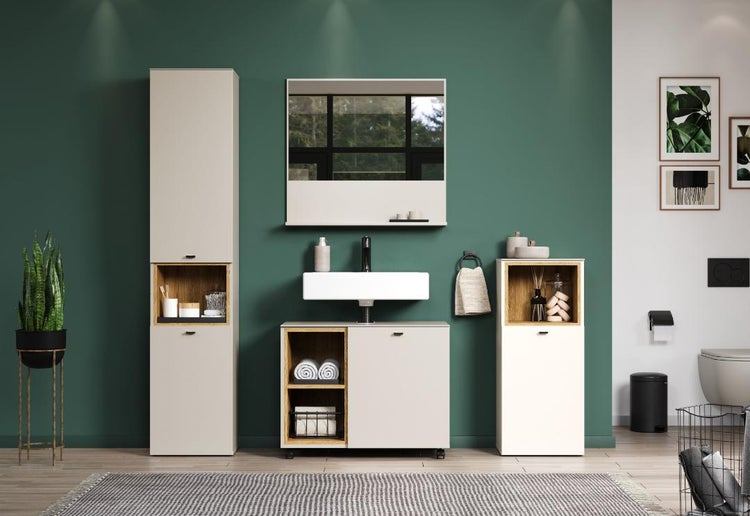 Modernes Badezimmermöbel Set mit Waschtischunterschrank, Spiegelschrank, Hochschrank und Unterschrank in neutraler Optik mit Holz-Akzenten.