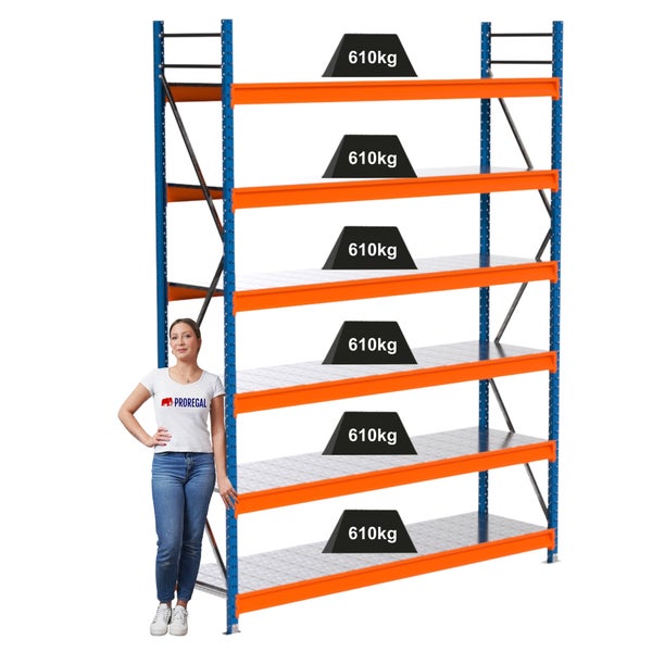 Hochregal mit sechs Regalebenen und einer maximalen Traglast von 610 Kilogramm pro Ebene