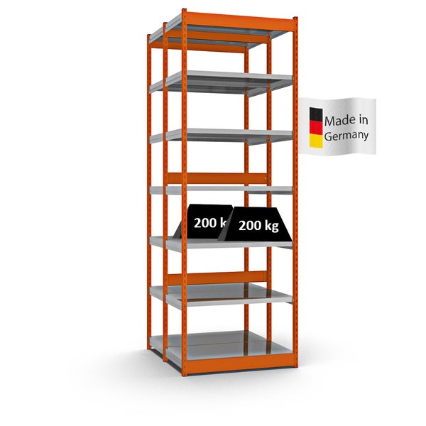 PROREGAL Fachbodenregal Stecksystem Vierkant-Profil Grundregal HxBxT 300 x 102,5 x 50 cm 2x7 Ebenen Doppelseitige Bauart Fachlast 200 kg Orange