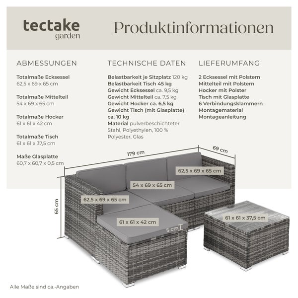 Rattan Lounge tectake Lignano variabel aufstellbar für 3 bis 4 Personen grau