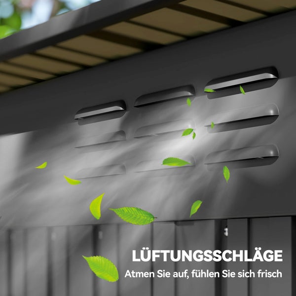 Detailansicht der Lüftungsschlitze an einem Geräteschuppen mit visualisierter Luftzirkulation und fliegenden Blättern.
