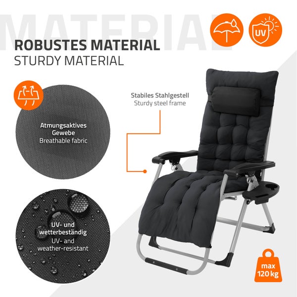 Gepolsterter Liegestuhl mit Stahlrahmen, atmungsaktivem, UV- und wetterbeständigem Gewebe, maximale Belastung 120 Kilogramm.