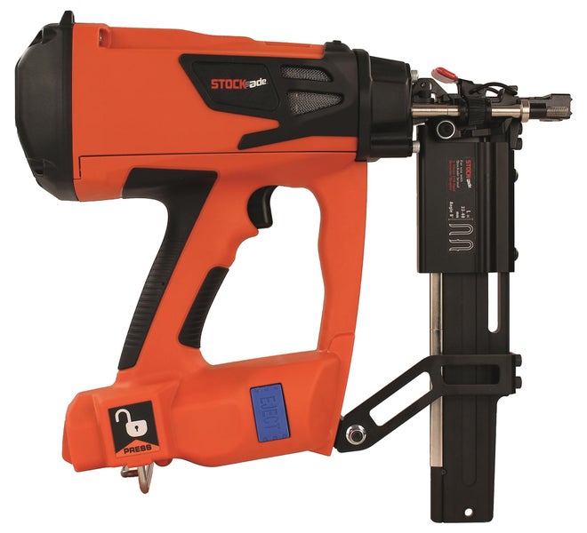 Stockade Gas-Klammergerät für Zäune mit ergonomischem Griff und Magazin.