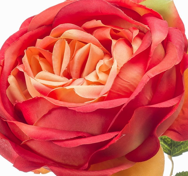 Detailansicht einer künstlichen Rose mit grünen Blättern, sichtbaren Blattadern und einem Stiel.