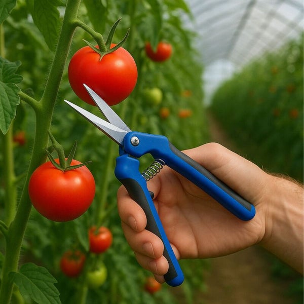 Tomaten werden mit einer Ernteschere im Gewächshaus geerntet.