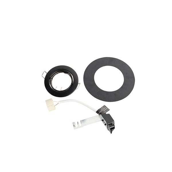 Einbaustrahler Set mit schwarzem Einbauring, dekorativer Blende, GU10 Fassung und Montagebügel für Deckenmontage.