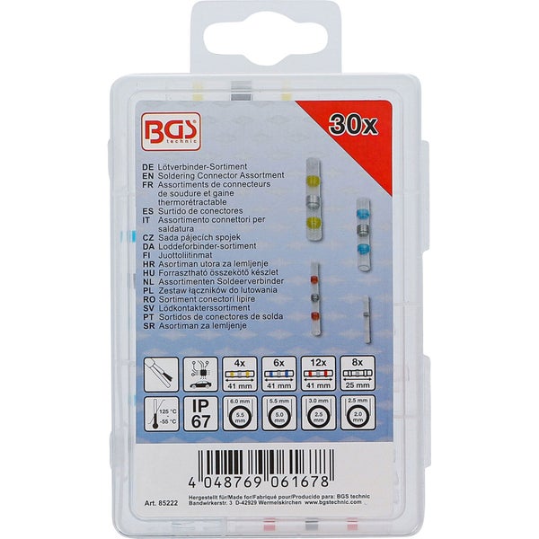 BGS technic Lötverbinder-Sortiment, 30-teilig, IP67 Schutzklasse, Temperaturbereich minus 55 bis 125 Grad Celsius.