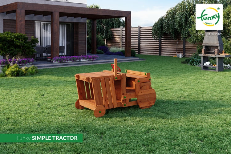 Spieltraktor aus Holz in einem hellen, gepflegten Garten mit Rasen, Terrasse und Außenkamin von Funky Combo.