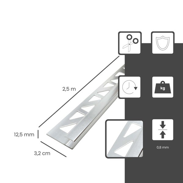Fliesenprofil, Länge 2,5 Meter, Höhe 12,5 Millimeter, Breite 3,2 Zentimeter, Stärke 0,8 Millimeter, einkürzbar, strapazierfähig.