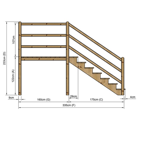 Technische Zeichnung einer Treppe mit Geländer und Maßangaben