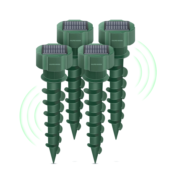 Vulpes Goods Maulwurfabwehr - Ultraschall Maulwurfschreck - Maulwurfvertreiber - Flexible Verwendung durch Solarmodul - 4 Stück