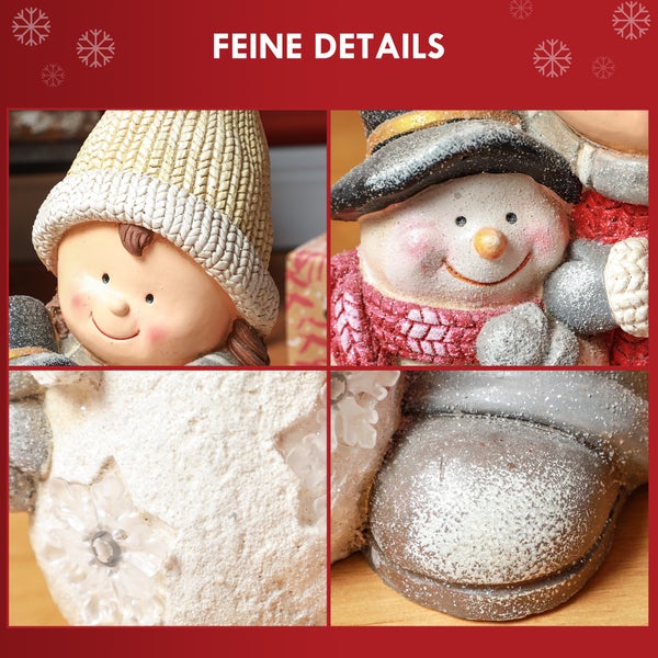 HOMCOM Weihnachtsdeko Figur, Weihnachtswichtel mit Schneemann, 45,5 cm Weihnachtsfigur mit LED-Licht, Dekofigur zu Weihnachten, für In- und Outdoor