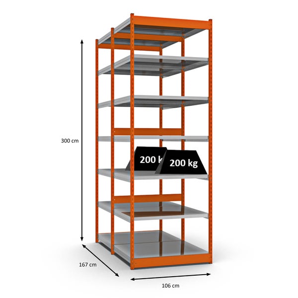 PROREGAL Fachbodenregal Stecksystem Vierkant-Profil Grundregal HxBxT 300 x 102,5 x 80 cm 2x7 Ebenen Doppelseitige Bauart Fachlast 200 kg Orange