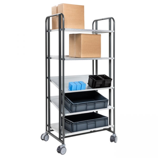 Rollregal mit fünf Ablageflächen und verschiedenen Lagerbehältern
