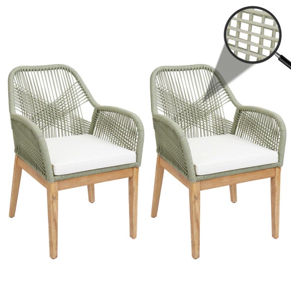 Zwei Gartenstühle aus Rattan mit Armlehne und Sitzkissen