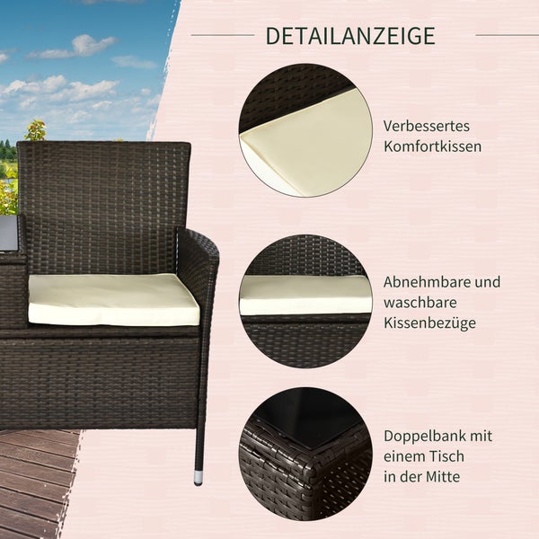 Outsunny Polyrattan Gartenbank, Sitzbank mit Tisch, B133 x T63 x H84cm, 2-Sitzer, Stahl, Braun