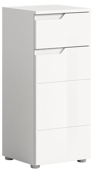 Weißer Bad-Unterschrank mit Schubladen und integrierten Griffmulden auf kleinen Standfüßen.