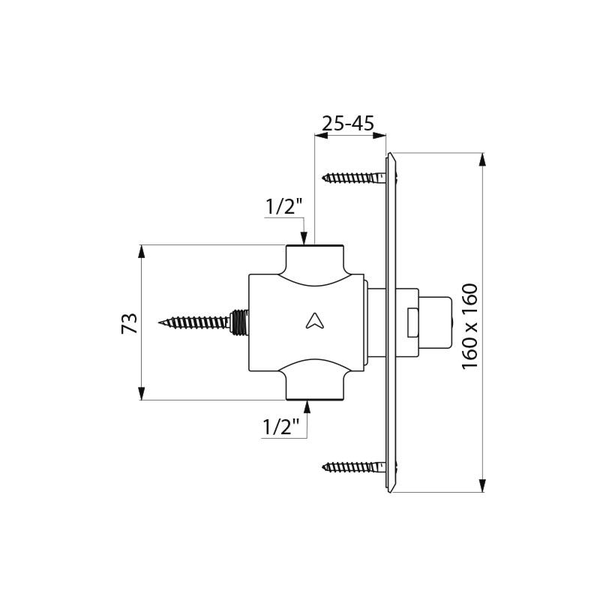Maßzeichnung einer Unterputz-Armatur: Abdeckplatte 160 mal 160 Millimeter, Einbautiefe 25 bis 45 Millimeter, Anschlüsse 1/2 Zoll.