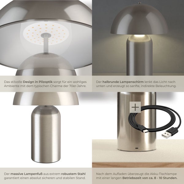 Akku-Tischleuchte im Pilzdesign aus Stahl mit USB-Ladekabel